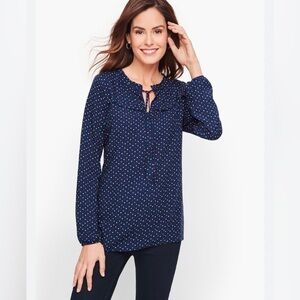 Talbots dot print pleated tie neck blouse M